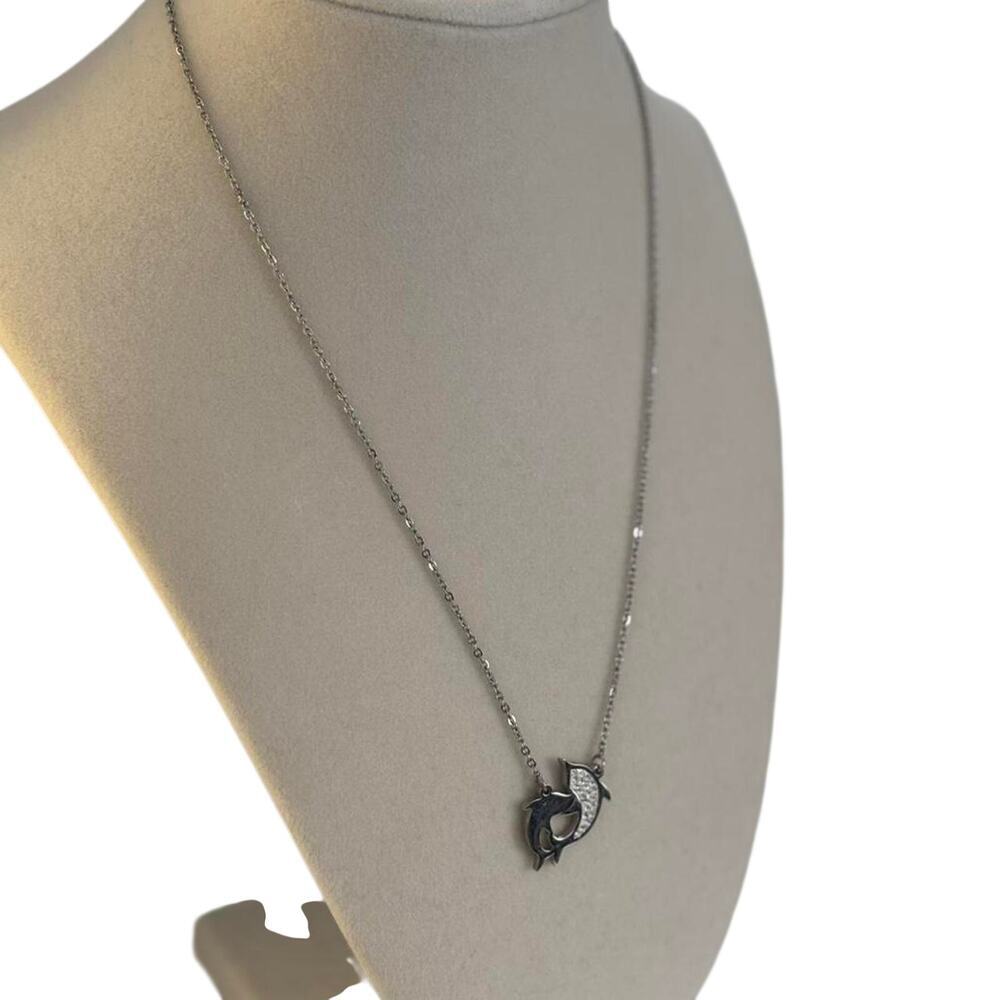 Silver Dolphin Pendant Necklace Women Crystal Minimalist Ocean Jewelry - Picture 4 of 6